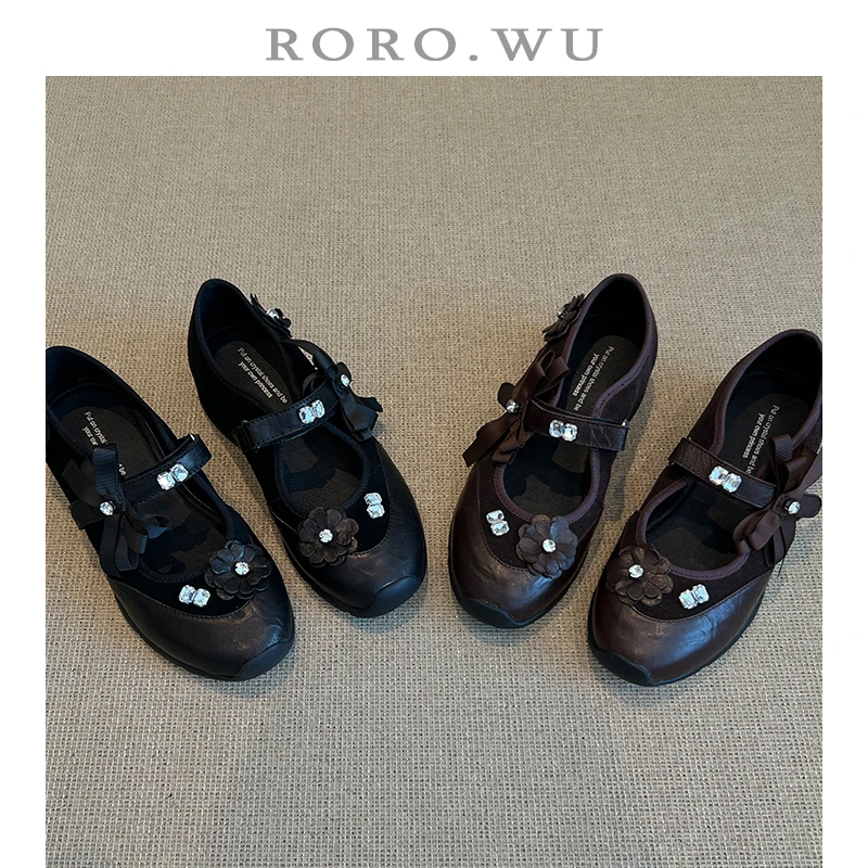 娆娆吴·头层牛皮复古花朵内增高运动芭蕾舞镂空甜美精致单鞋A139