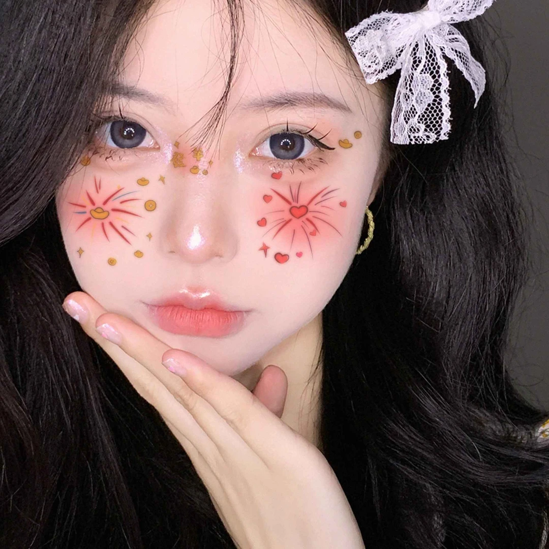 新年烟花可爱卡通元旦腮红妆容贴纸跨马年彩色纹身贴派对装饰脸贴