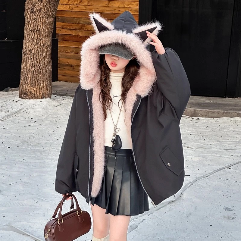 女童加绒毛毛衣外套秋冬装2025新款女孩大童两面穿派克服儿童棉服