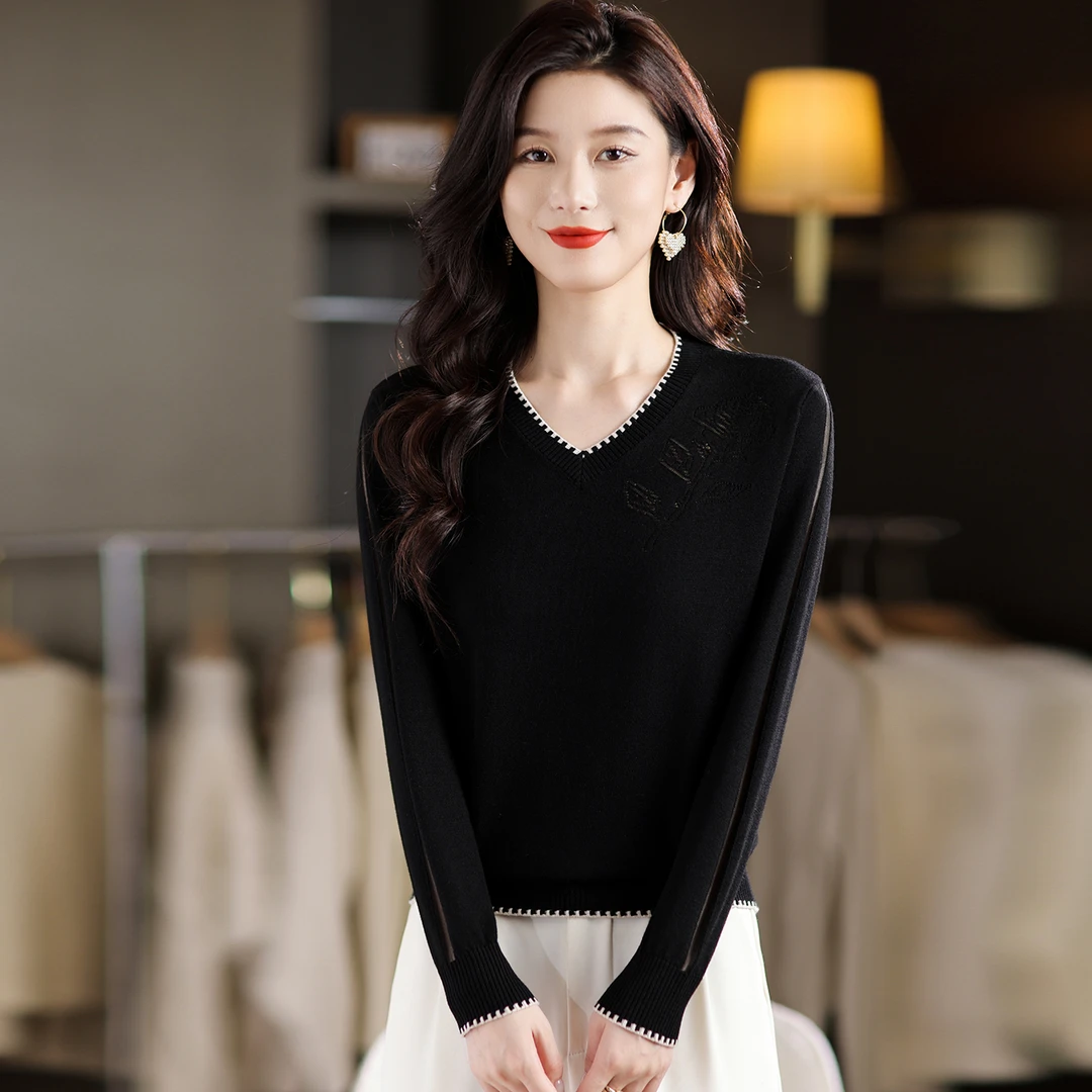 高级感v领镂空长袖针织衫女秋季2025新款薄款毛衣打底衫内搭上衣