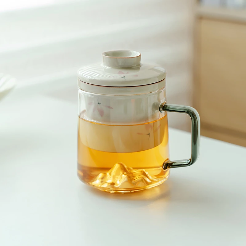 德白手绘粉兰花泡茶杯办公室玻璃水杯子陶瓷内胆茶水分离杯