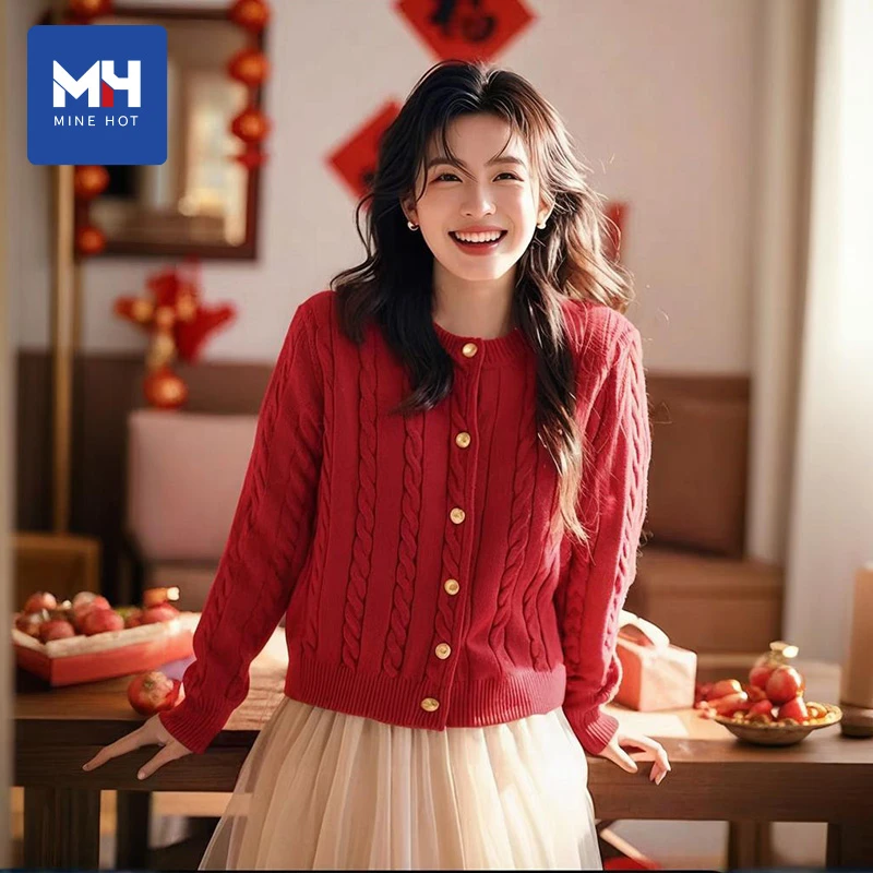 唐狮集团MH红色开衫毛衣女装秋冬季2025新款厚针织上衣本命年外套