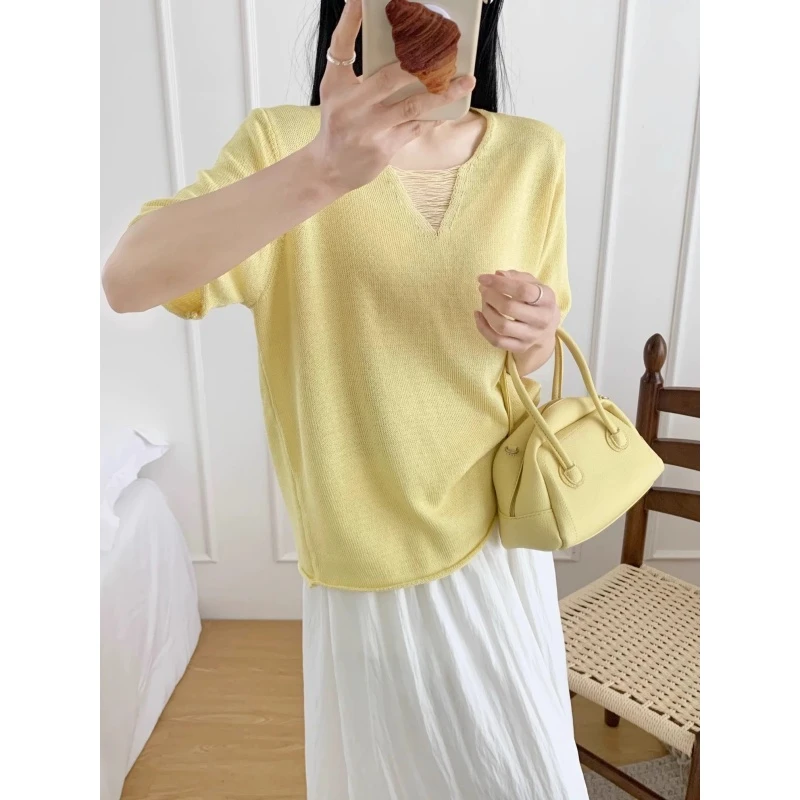 小众设计感卷边镂空罩衫t恤女夏季薄款宽松V领纯色针织衫短袖上衣