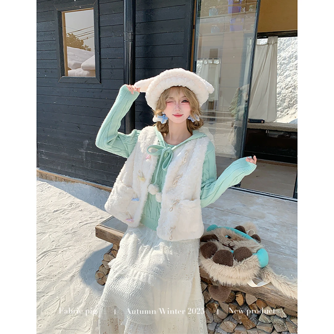 森氧絮语 织物猪原创 甜美风秋冬女保暖时尚显瘦绿色毛衣蕾丝长裙