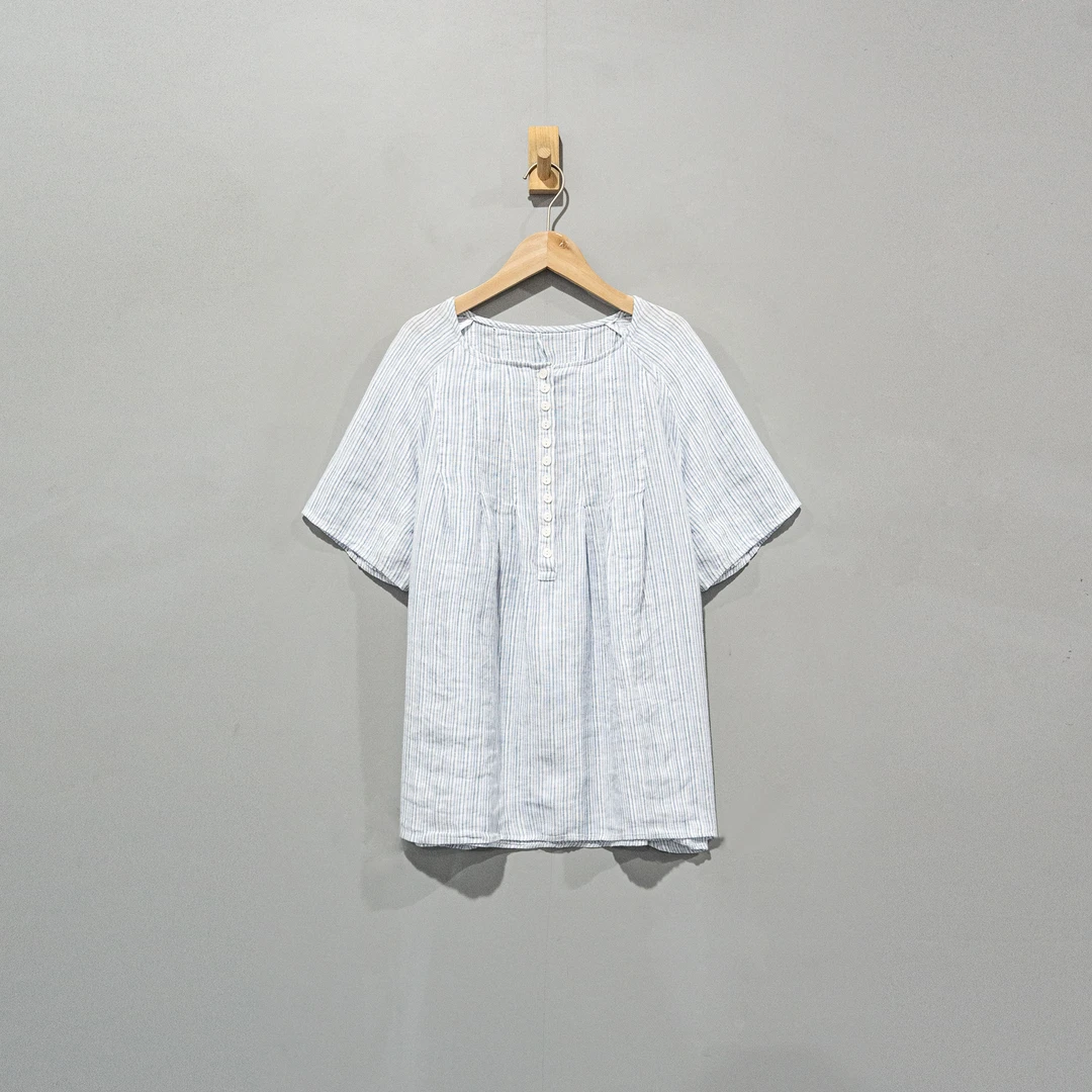 【且听风吟】0114425高货汉麻复古圆领色织条纹上衣衣长68胸围134