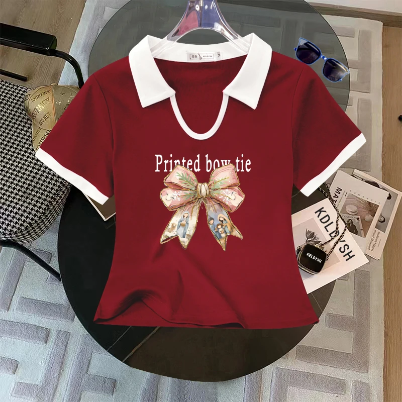 POLO翻领撞色短袖t恤女2025夏新款印花正肩休闲显瘦时尚短款上衣