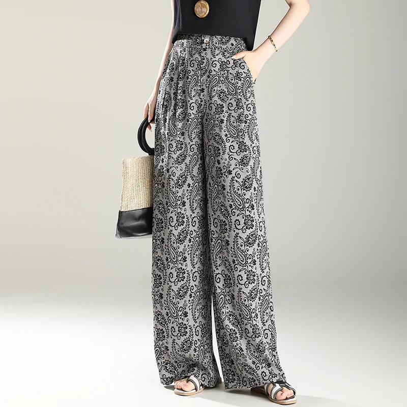 醋酸冰丝印花阔腿裤女夏薄款2025新款松紧腰宽松垂感长裤休闲裤子