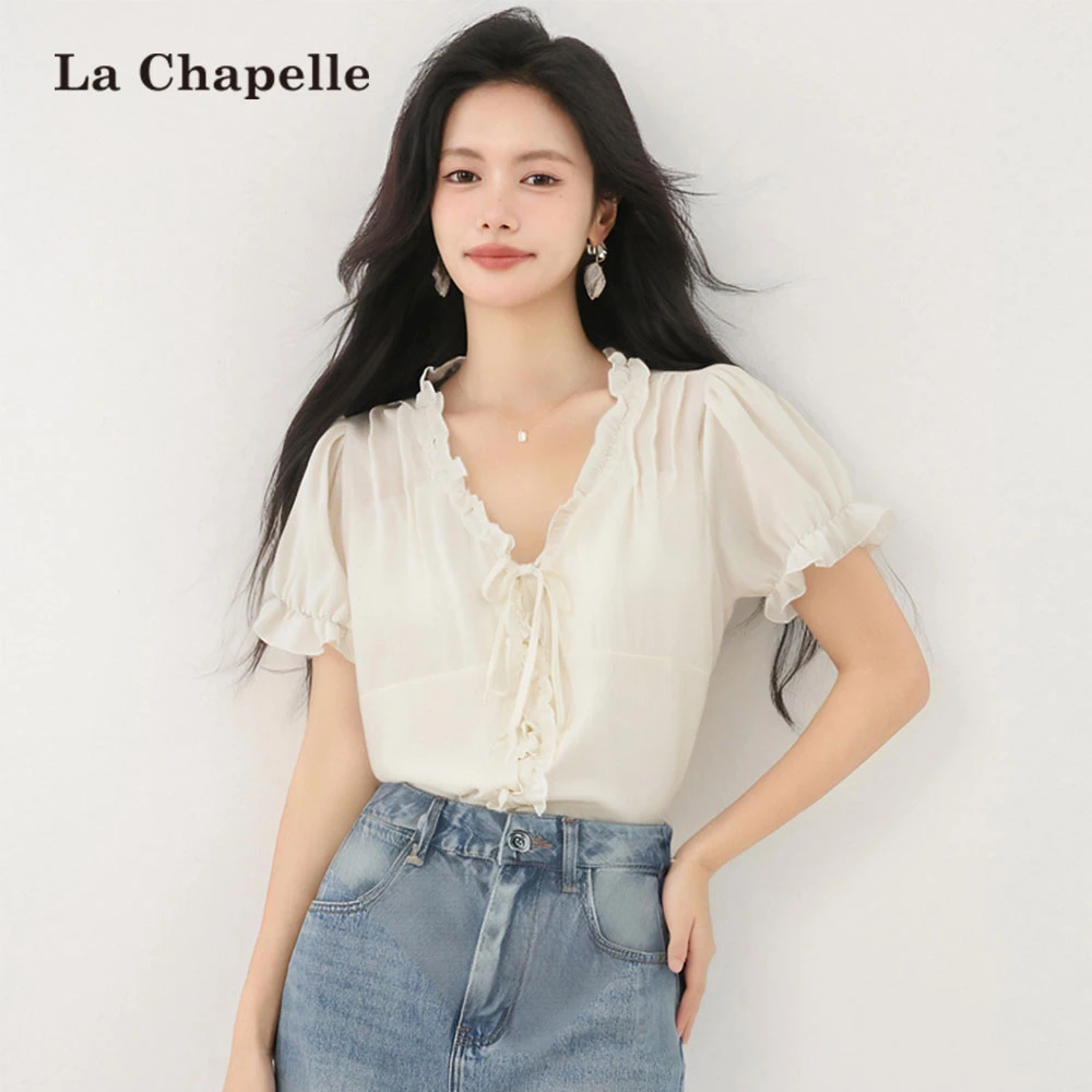拉夏贝尔2025夏季新款法式甜美百搭木耳边上衣女v领宽松短袖衬衫