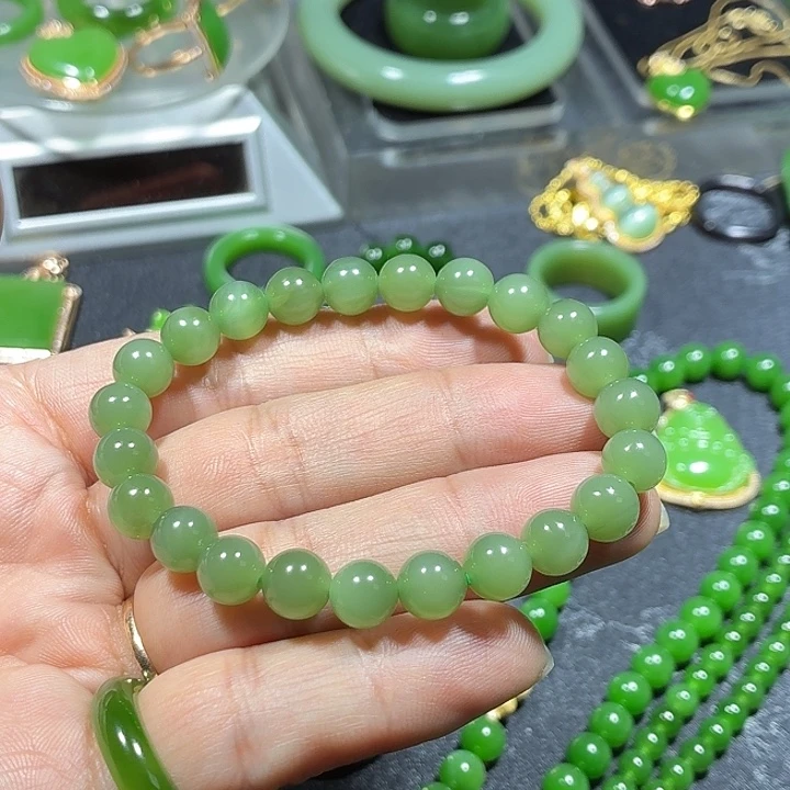 和田玉（碧玉）未镶嵌手串福利碧玉粉绿珠串8*23