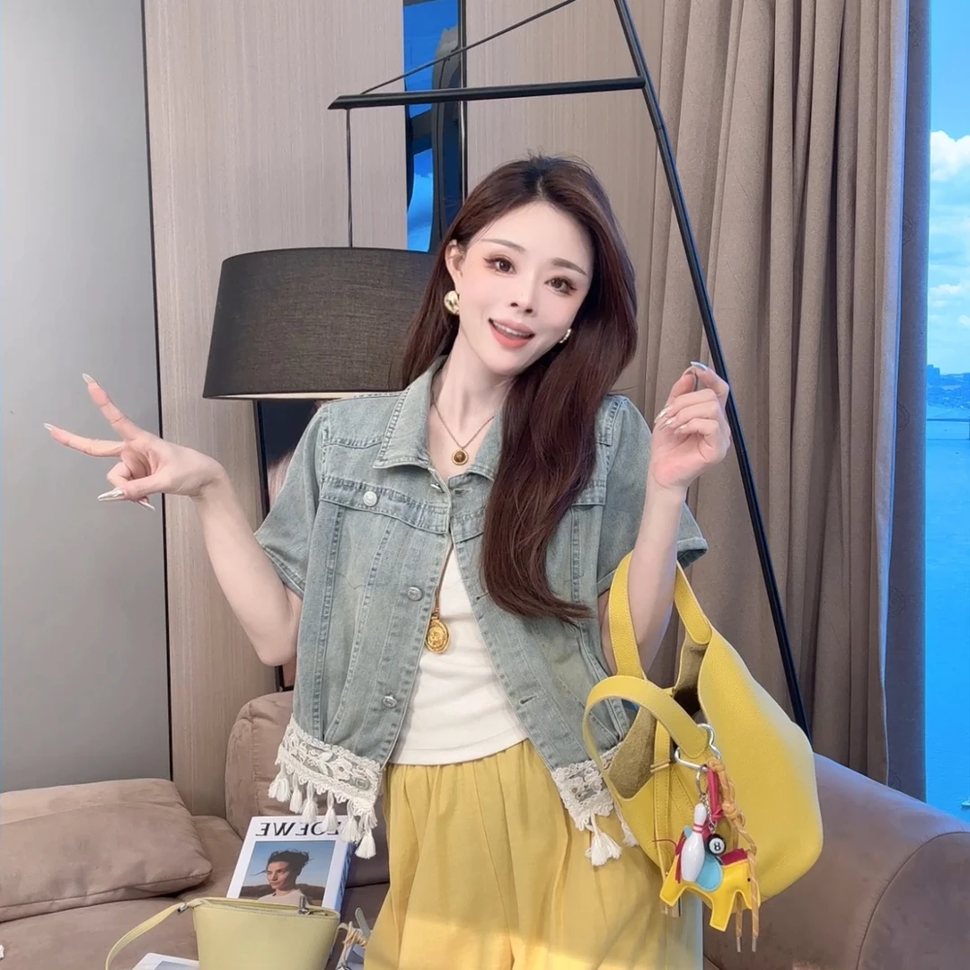 【静静衣橱】夏季新款流苏边短袖法式短款夏季牛仔衬衫女801