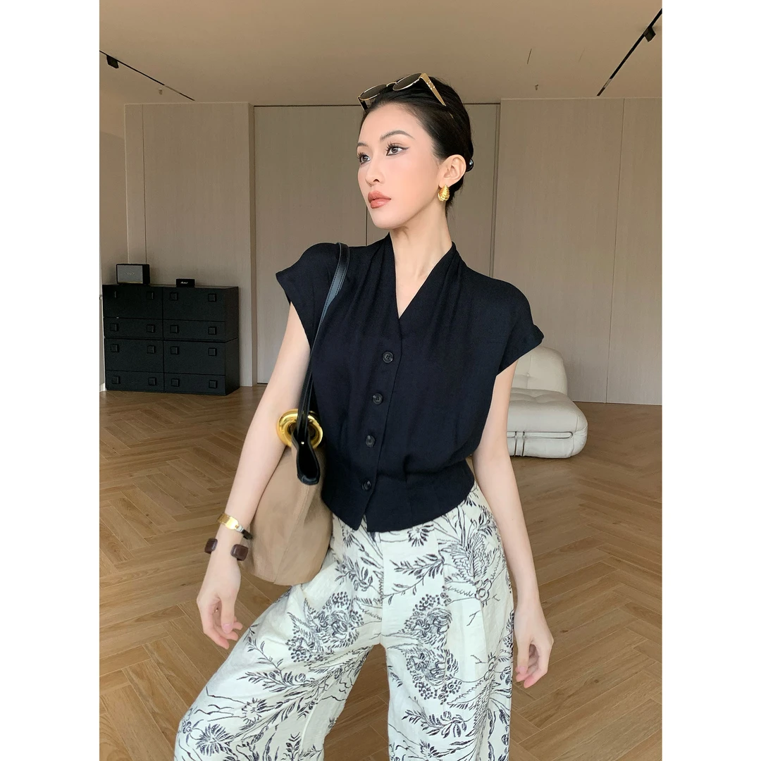 JIJINQI时尚气质显瘦短款短袖夏季百搭设计感v领上衣JD04SZPT1246