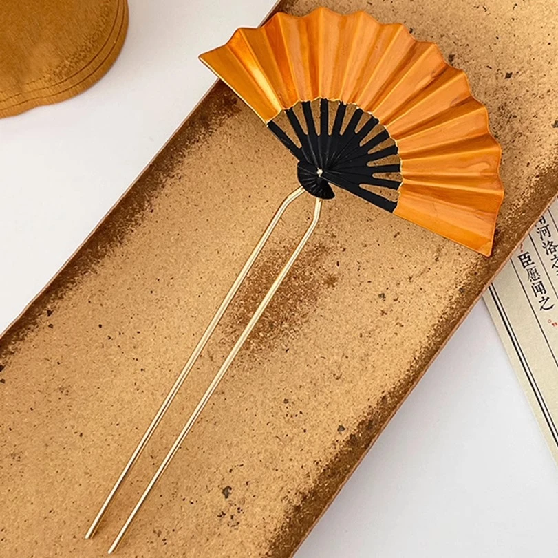 新中式古风金色扇子发簪女高端旗袍簪子秀禾饰品新娘头饰U型发钗