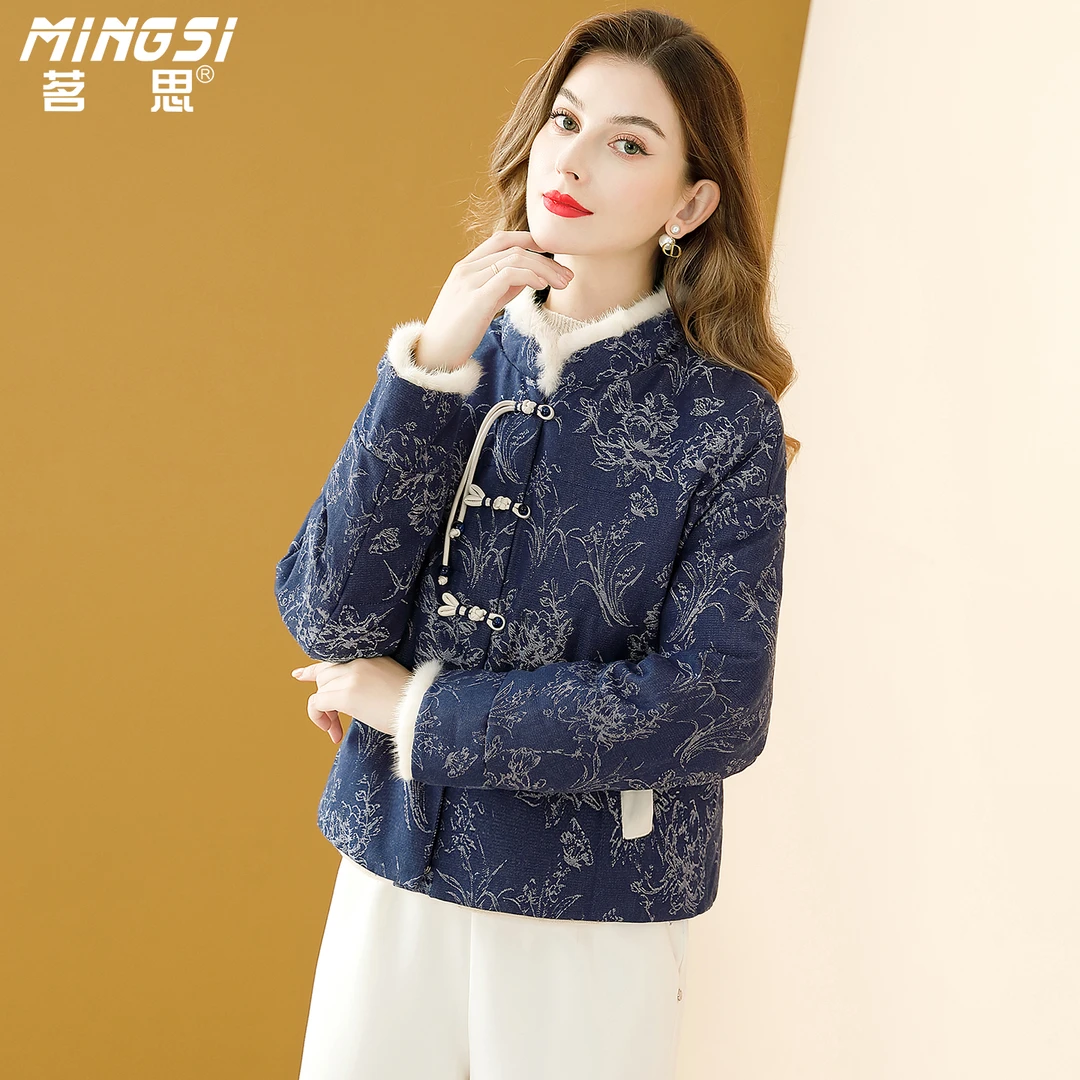 茗思水貂毛领白鸭绒短款羽绒服女冬2025新款国风刺绣盘扣保暖外套