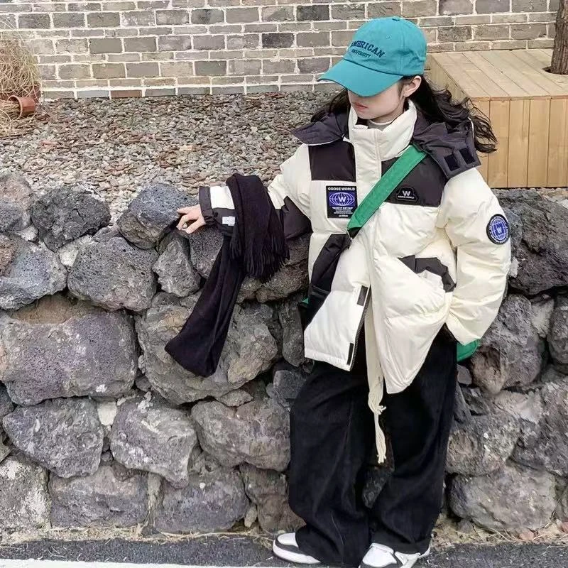 大宝童装/1082款冬季加厚加绒拼接中大童韩版连帽保暖