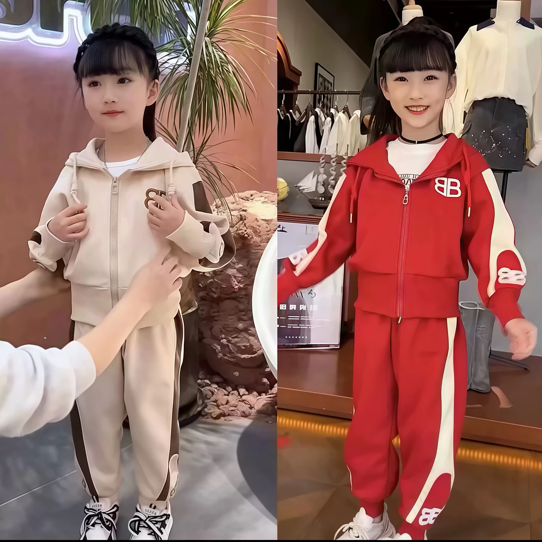 女童春秋韩版连帽套装2025新款儿童运动休闲装网红洋气时髦套装