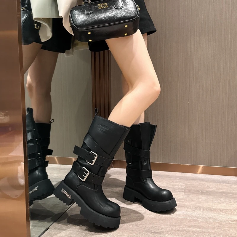 厚底中跟马丁靴朋克皮带扣套筒英伦风女靴女中筒