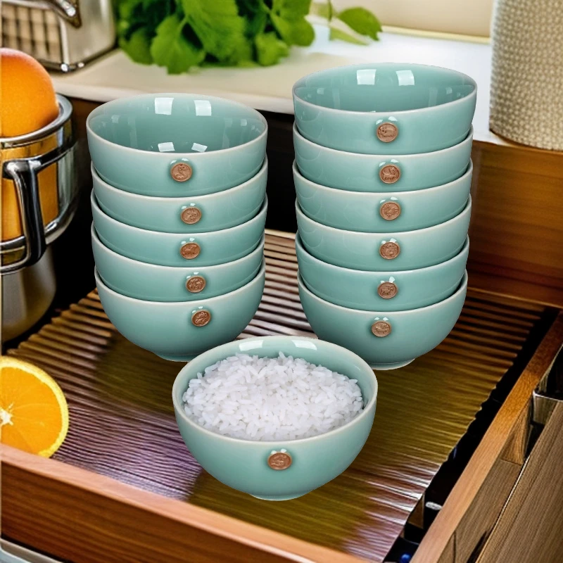精品青瓷家用米饭碗十二生肖碗创意复古陶瓷碗中式餐具酒店小碗