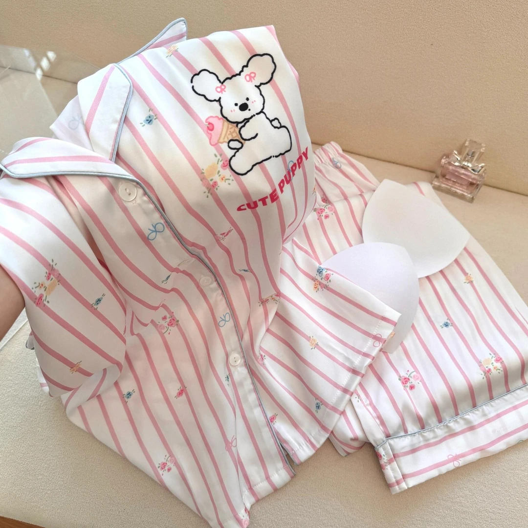 可爱小狗带胸垫冰丝睡衣女春秋款新款大码家居服开衫长裤大码套装
