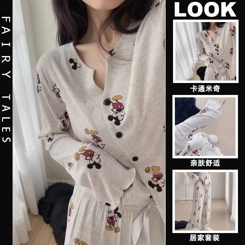 2025睡衣女秋季新款长袖长裤套装螺纹卡通米奇宽松可外穿家居服