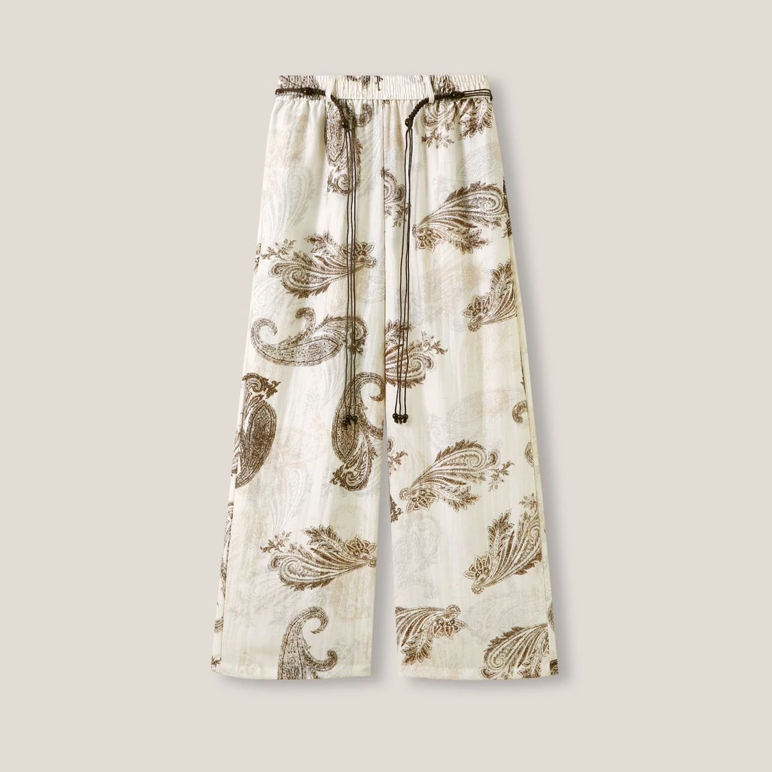 复古风腰果花串珠抽绳松紧腰简约亚麻休闲裤ss26281