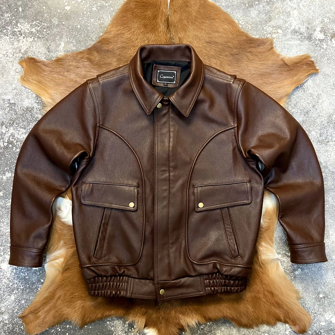 25年新款阔肩头层牛皮真皮皮衣男士翻领大码复古蜡染飞行夹克服