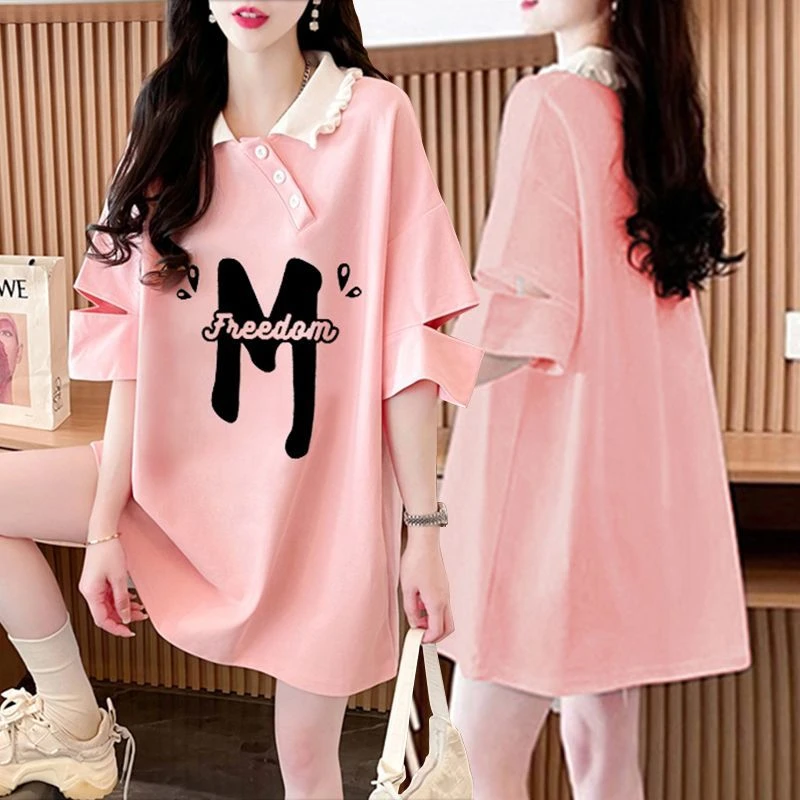 洋气韩版Polo领纯棉短袖T恤女2025夏季新款宽松中长款体恤衫上衣