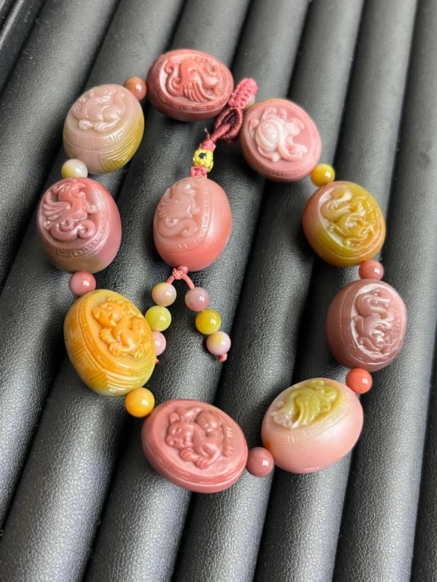 七彩苏工雕刻山水风景蛋蛋手串 四大神兽