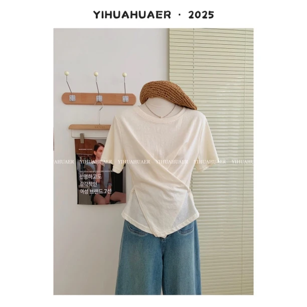 【松弛夏日】东大门韩系夏款侧边纽扣收腰百搭纯色透气T恤2833
