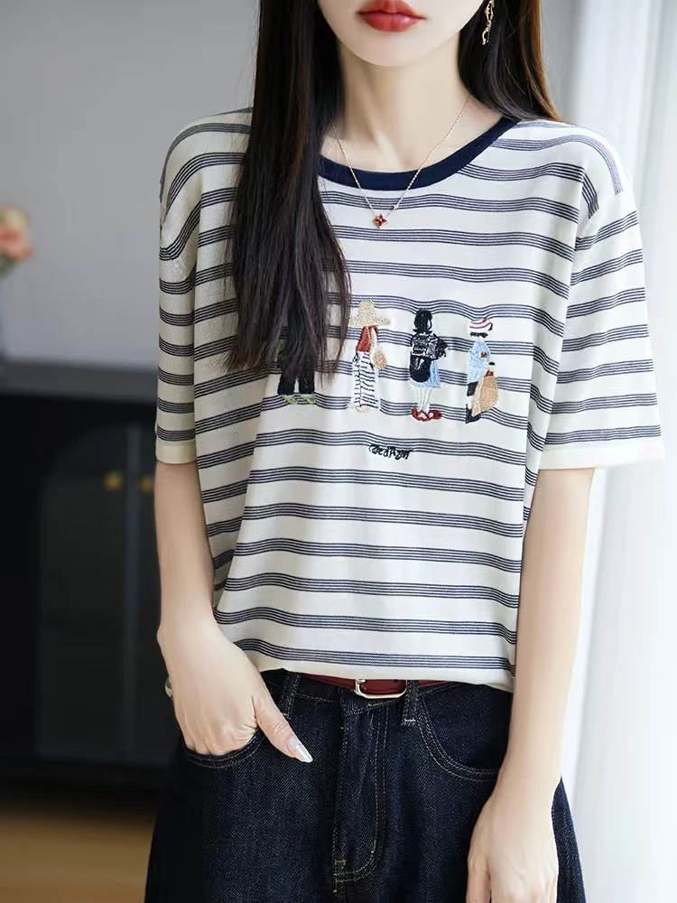 【刘营专属】夏季莱赛尔天丝手工绣花圆领条纹针织短袖