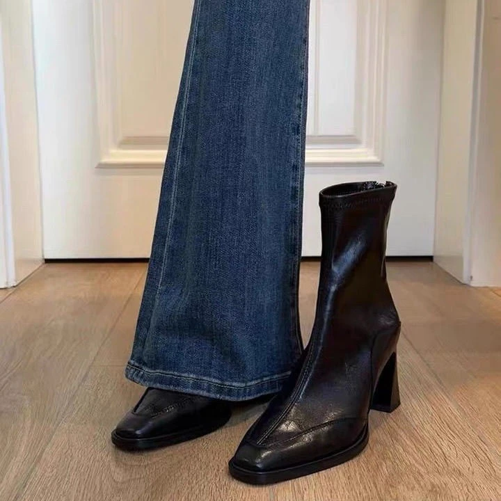 羊皮版~韩版高跟方头瘦瘦靴短靴女2025秋季粗跟复古马丁靴英伦风