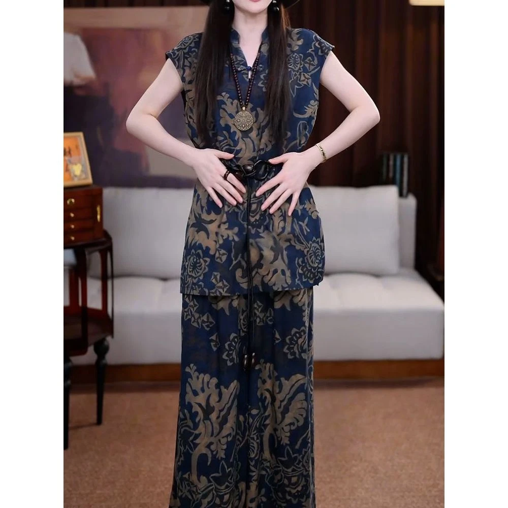 送腰带!贵夫人印花裤套装夏季新款盘扣V领显瘦短袖衬衫长裤8246