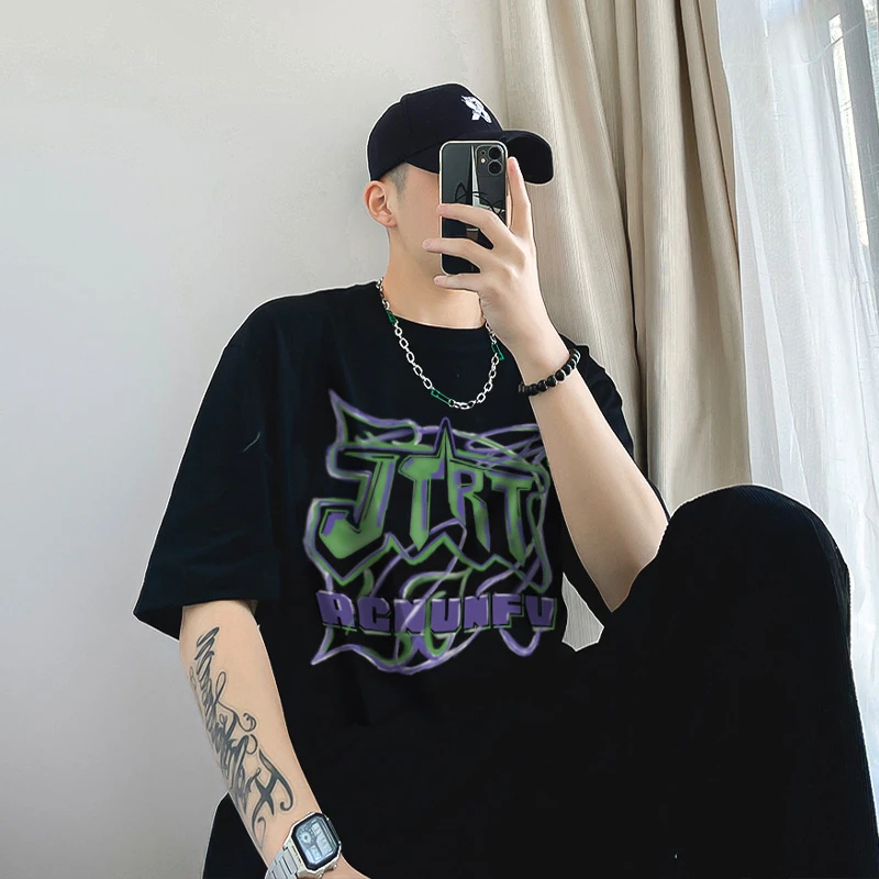 美式复古hiphop字母印花短袖t恤男夏季潮流高街宽松百搭情侣上衣