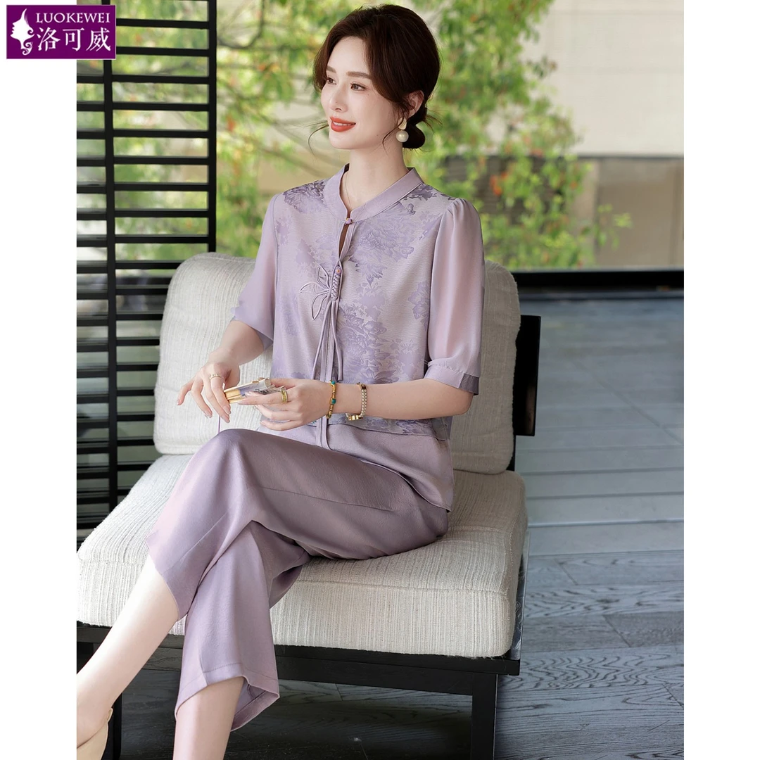 妈妈夏装新中式国风套装洋气中袖小衫50多岁中老年人女冰丝两件套