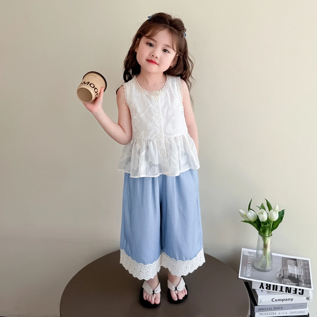 女童夏季背心套装2025新款洋气儿童花边阔腿牛仔裤两件套宝宝衣服