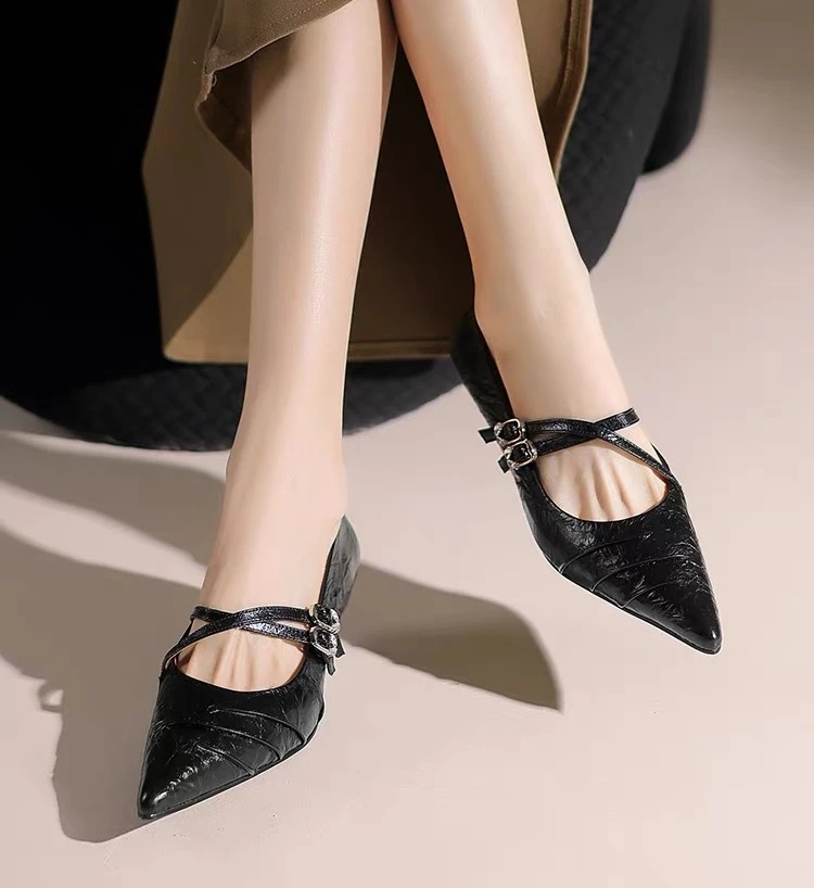 C6852   黑色  时尚低跟尖头2025新款气质软底浅口女单鞋