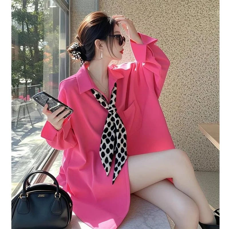 时髦设计感领结长袖衬衫女2025年春秋新款韩系温柔风宽松翻领上衣