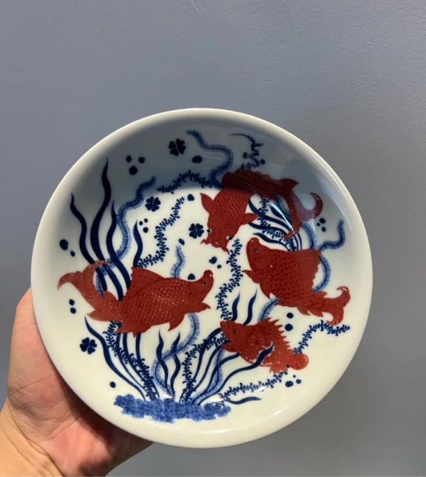 青花瓷鱼藻纹壶承17.5cm口径缠枝全手工茶具陶瓷矾红大盘小盘