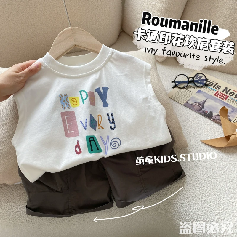 【现】X226夏季小童卡通印花坎肩套装新品男女宝宝休闲两件套