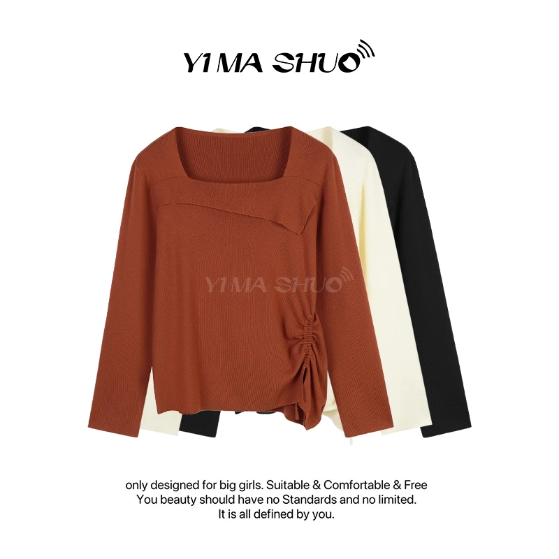 【伊妈说大码女装】新款大码女方领不对称长袖收腰抽绳打底上衣