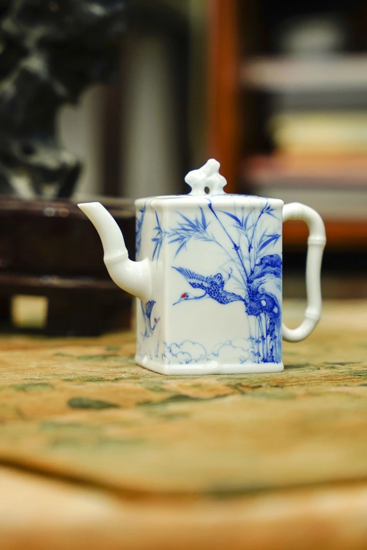 青樵轩青花仙鹤大号四方直壶品茗陶瓷纯手工茶具银泡茶壶复古家用
