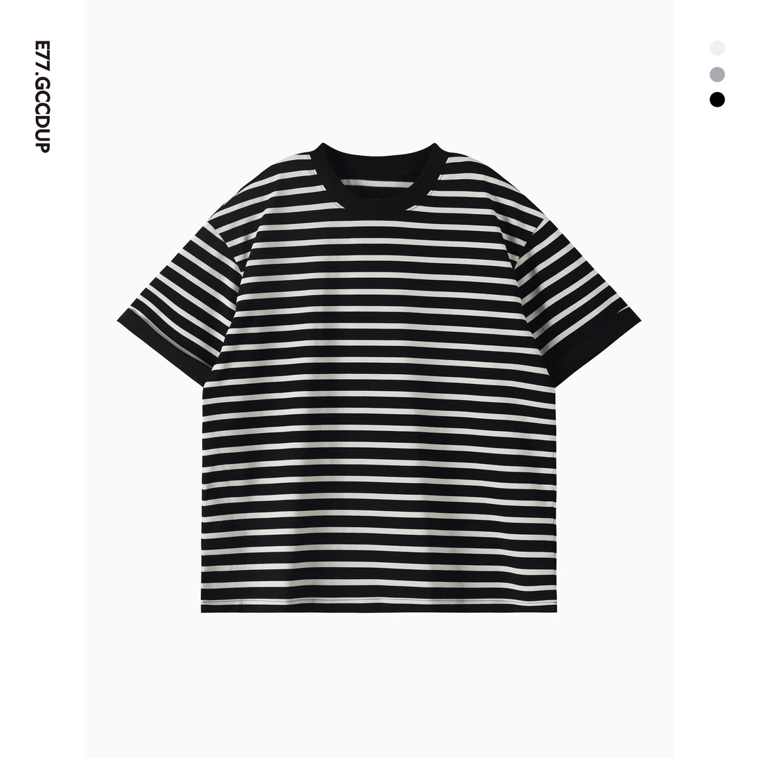 夏季新款基础条纹休闲短袖潮流高级感男装宽松百搭简约圆领T恤210