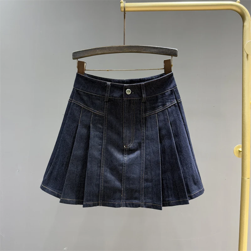 复古牛仔百褶裙半身裙女春夏新款气质减龄高腰a字短裙防走光裙子