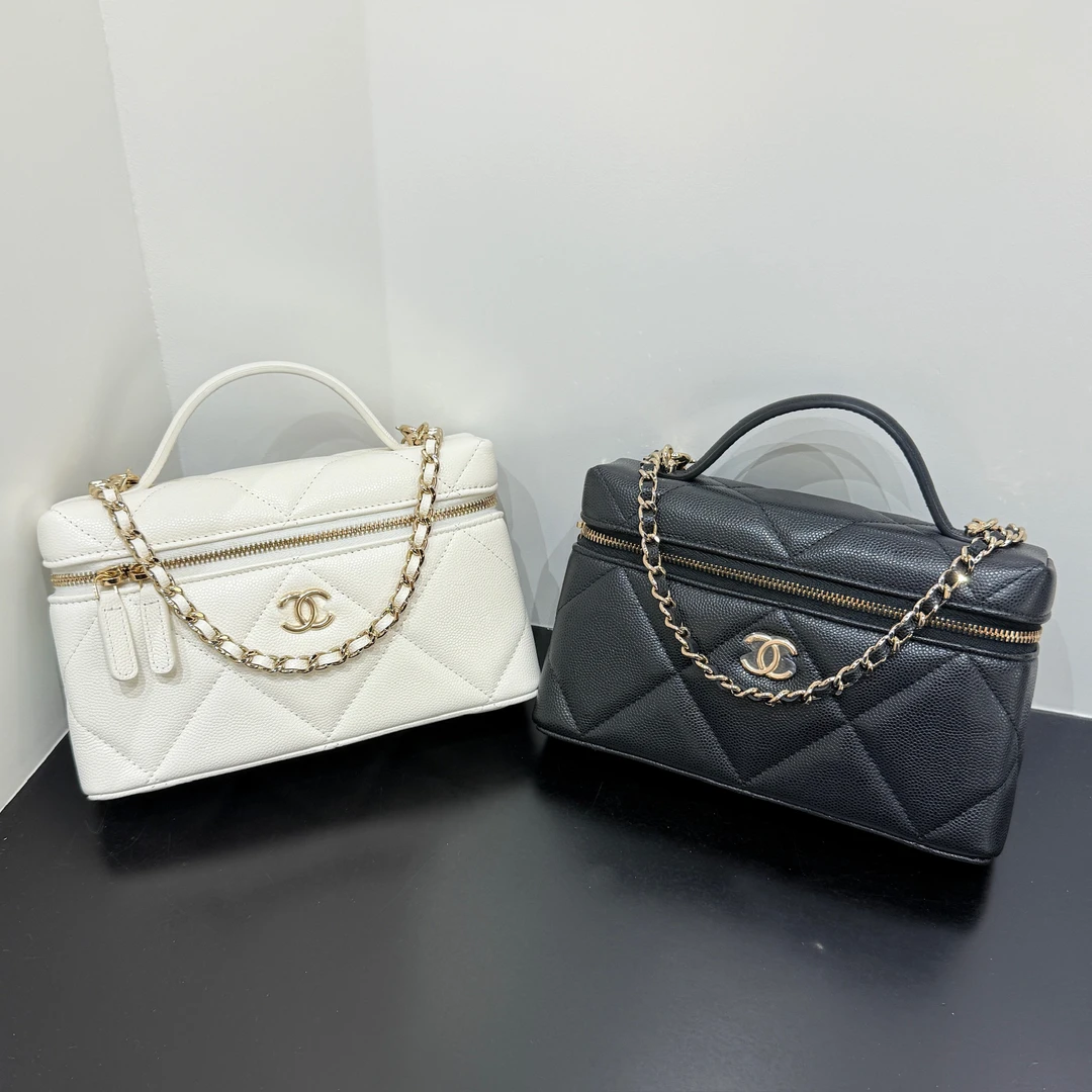 未使用 Chanel/香奈儿 25k新款大菱格荔枝皮LP斜挎包 黑色 白色