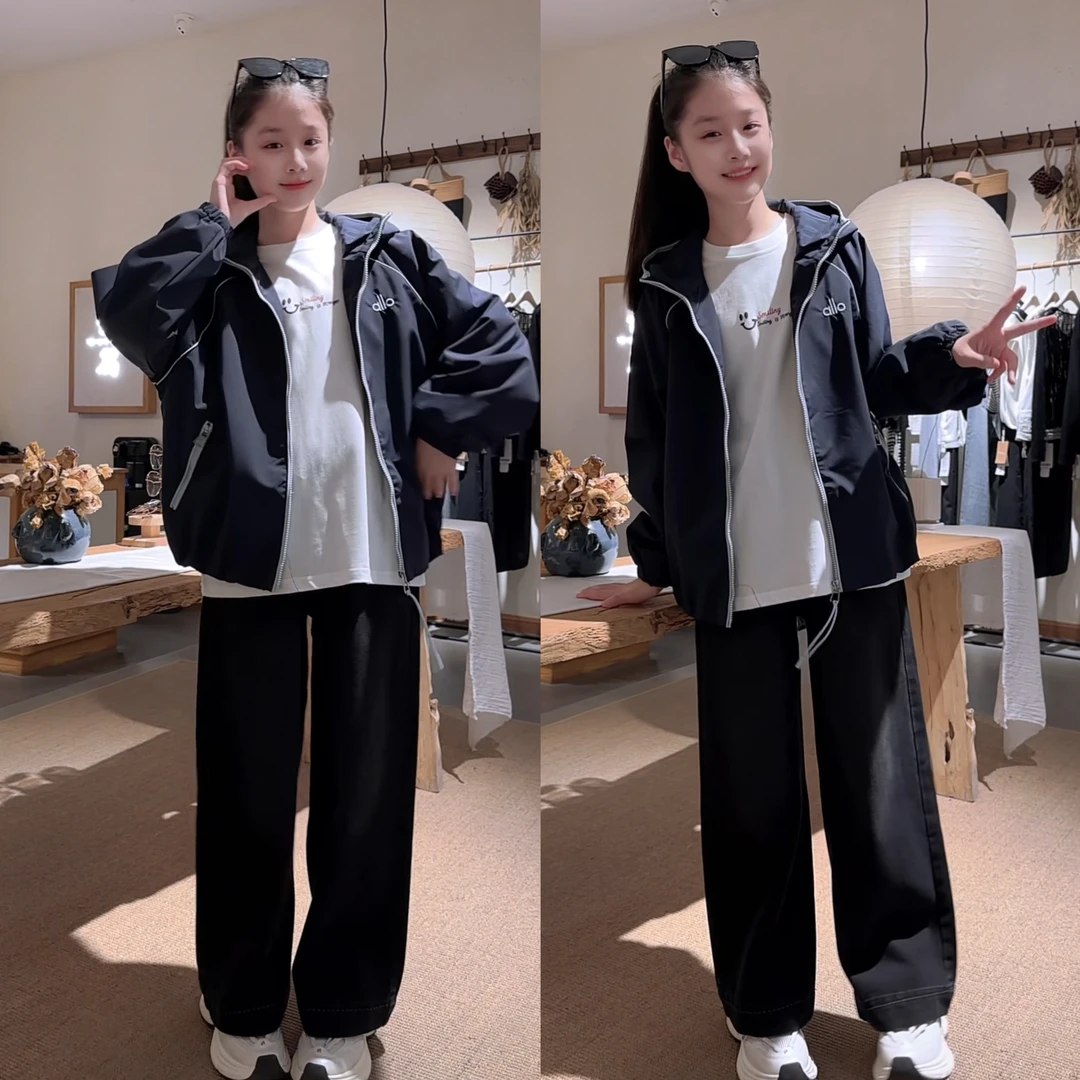 女童秋季新款休闲潮酷字母刺绣卡绳连帽外套百搭牛仔阔腿裤套装
