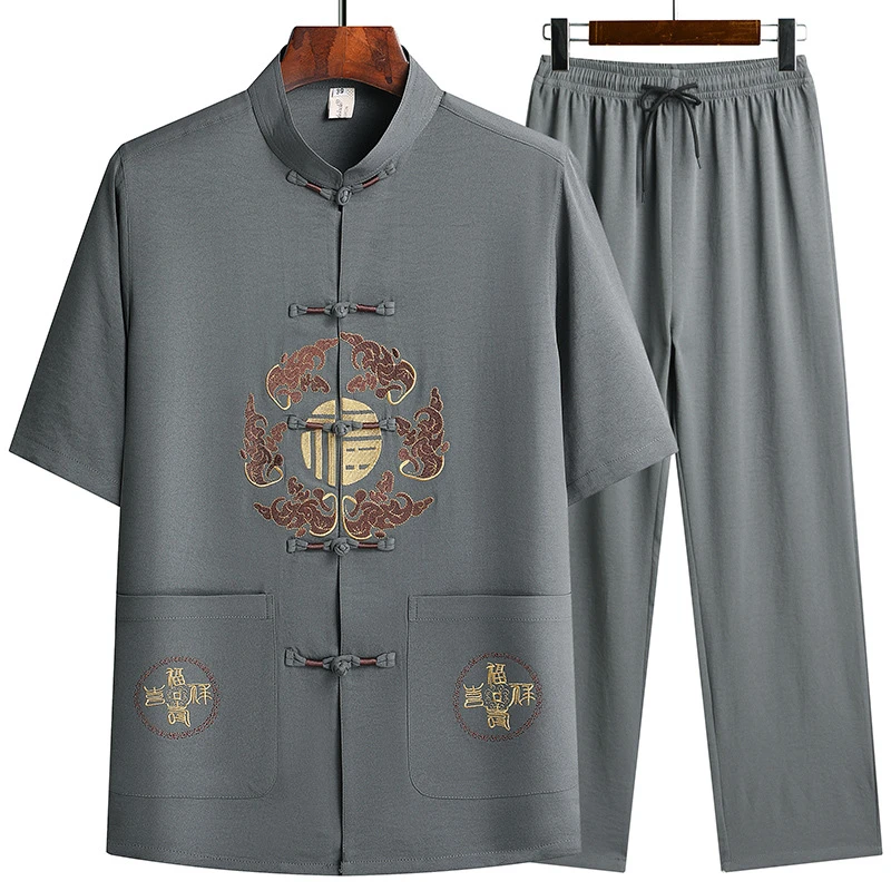 男夏季短袖套装中老年爸爸衬衫夏装薄款衬衣老人爷爷夏天衣服