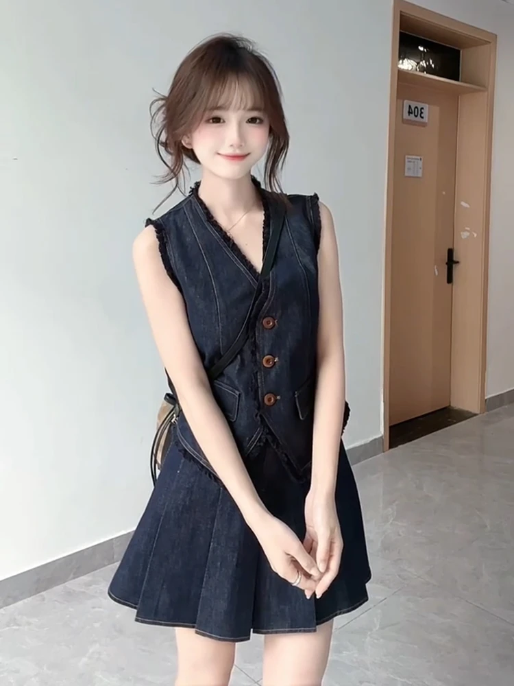牛仔套装女夏2025新款学院风无袖马甲上衣辣妹百褶半身裙两件套潮