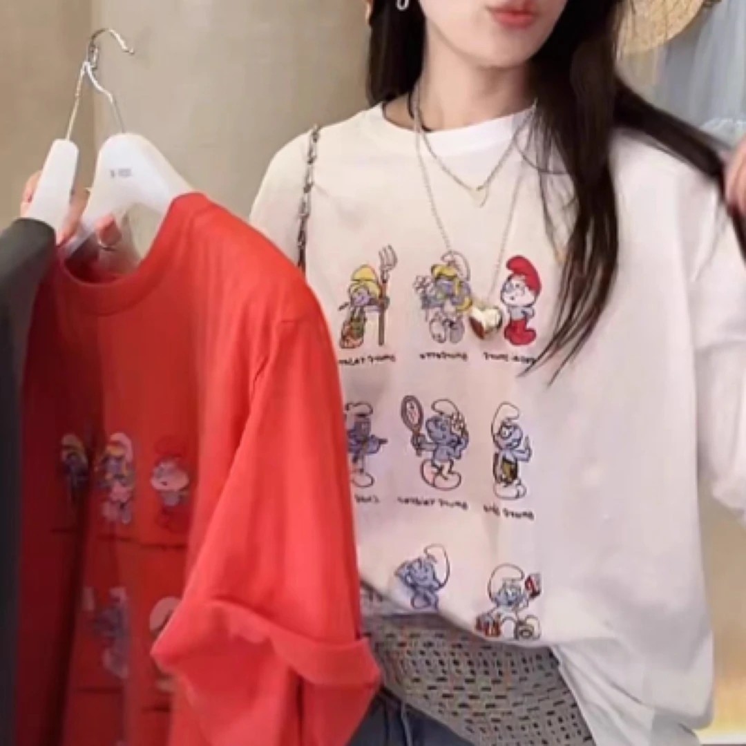 韩国东大门代向日葵同款蓝精灵图案短袖T恤