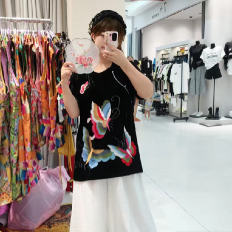 深圳89685新中式蝴蝶重工刺绣上衣短袖T恤