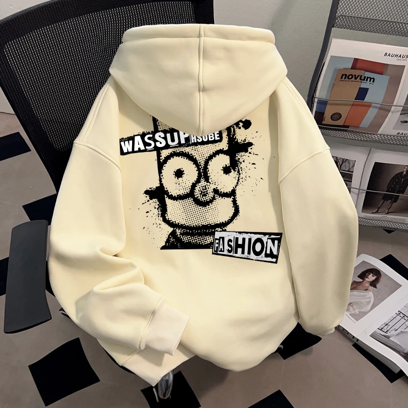 WASSUP HSUBE 美式潮牌涂鸦字母卡通加绒连帽卫衣男2025秋冬情侣