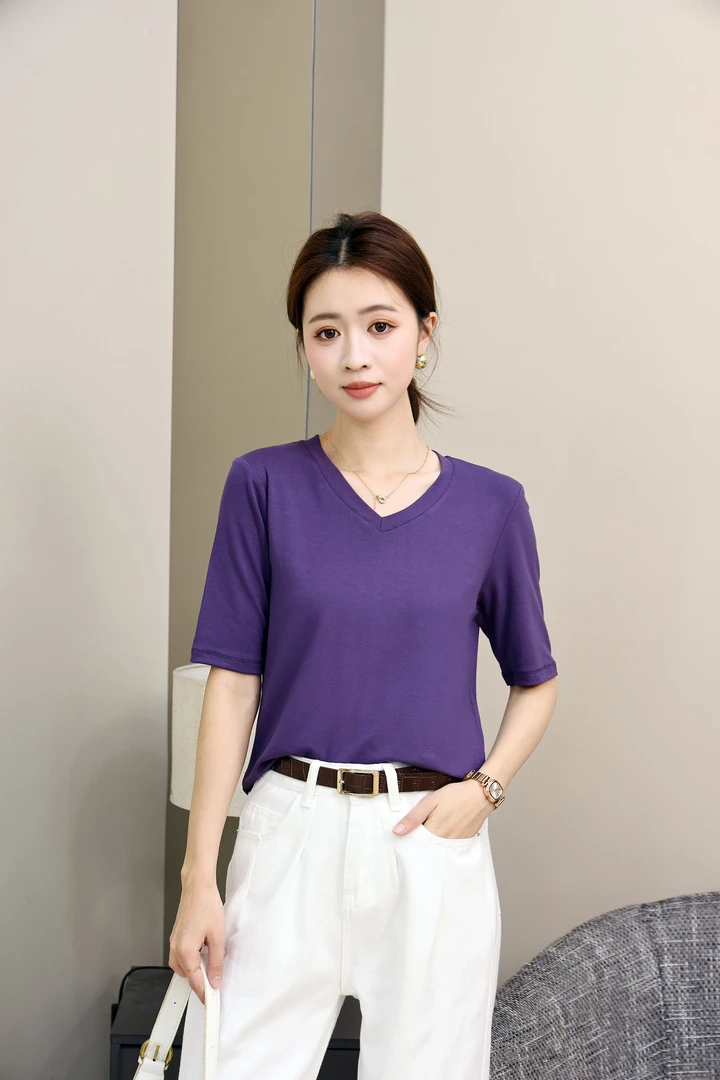 2025新品弹力棉时尚纯色V领五分袖T恤女简约百搭显瘦半袖上衣8020